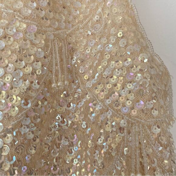 Vintage Cream Ivory Sequin Fringe Beaded Tassel Zip back Wool Top size large - Picture 3 of 8